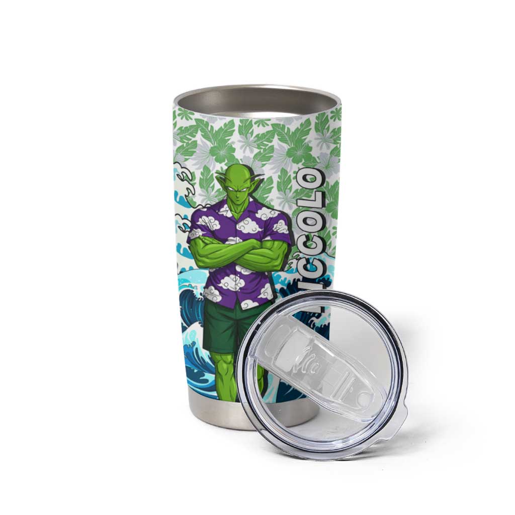 Piccolo Dragon Ball Summer Theme Tumbler Cup with Tropical Shirt Shenron Background and Ocean Wave Design - The Mazicc