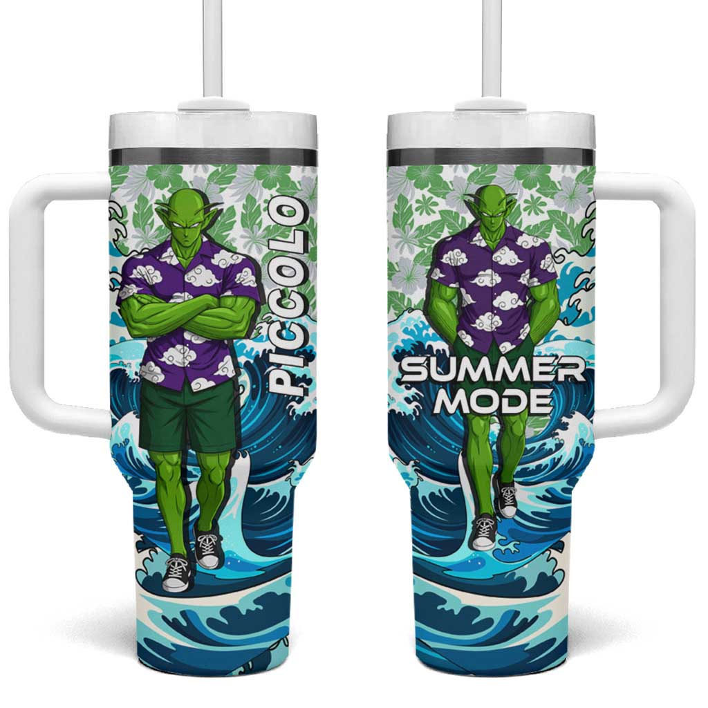 Piccolo Dragon Ball Summer Theme Tumbler With Handle with Tropical Shirt Shenron Background and Ocean Wave Design - The Mazicc