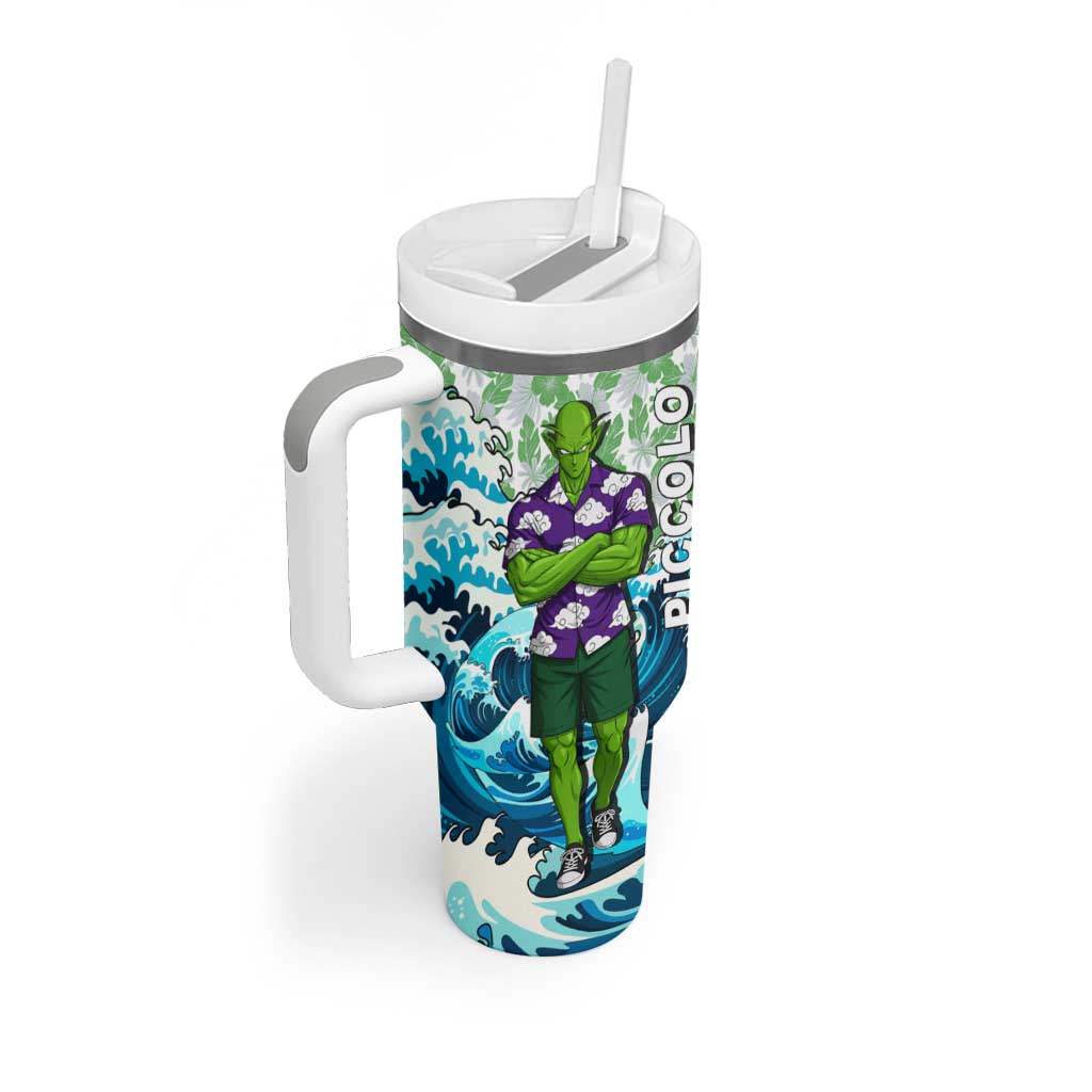Piccolo Dragon Ball Summer Theme Tumbler With Handle with Tropical Shirt Shenron Background and Ocean Wave Design - The Mazicc