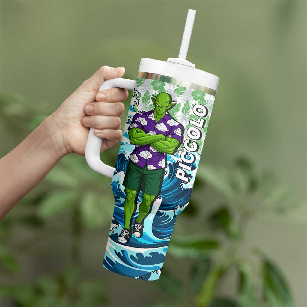 Piccolo Dragon Ball Summer Theme Tumbler With Handle with Tropical Shirt Shenron Background and Ocean Wave Design - The Mazicc