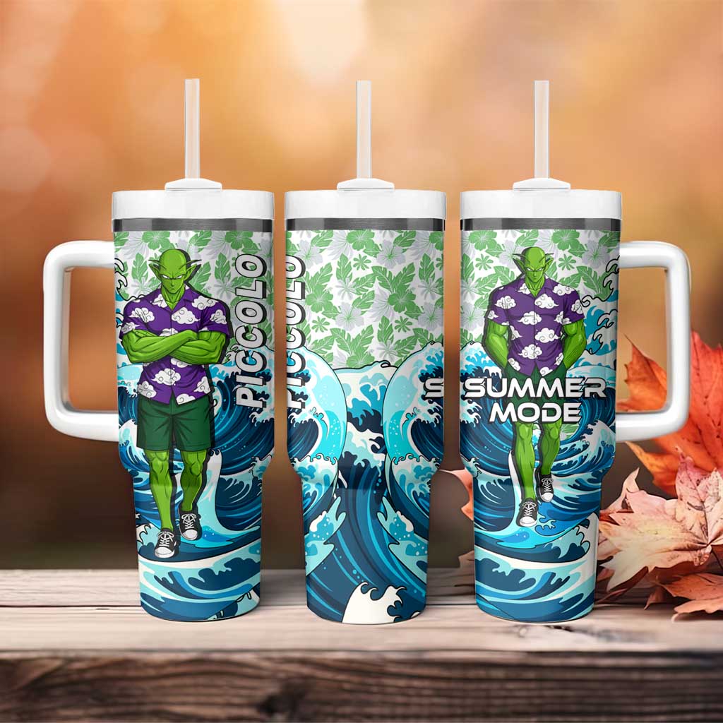 Piccolo Dragon Ball Summer Theme Tumbler With Handle with Tropical Shirt Shenron Background and Ocean Wave Design - The Mazicc