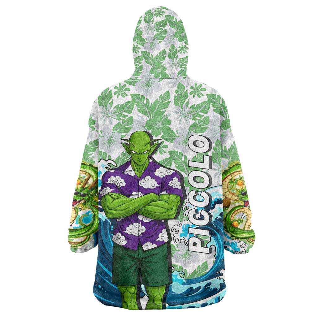 Piccolo Dragon Ball Summer Theme Wearable Blanket Hoodie with Tropical Shirt Shenron Background and Ocean Wave Design - The Mazicc