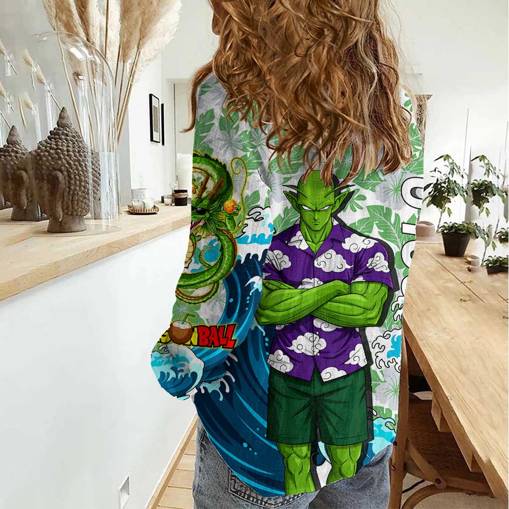 Piccolo Dragon Ball Summer Theme Women Casual Shirt with Tropical Shirt Shenron Background and Ocean Wave Design - The Mazicc
