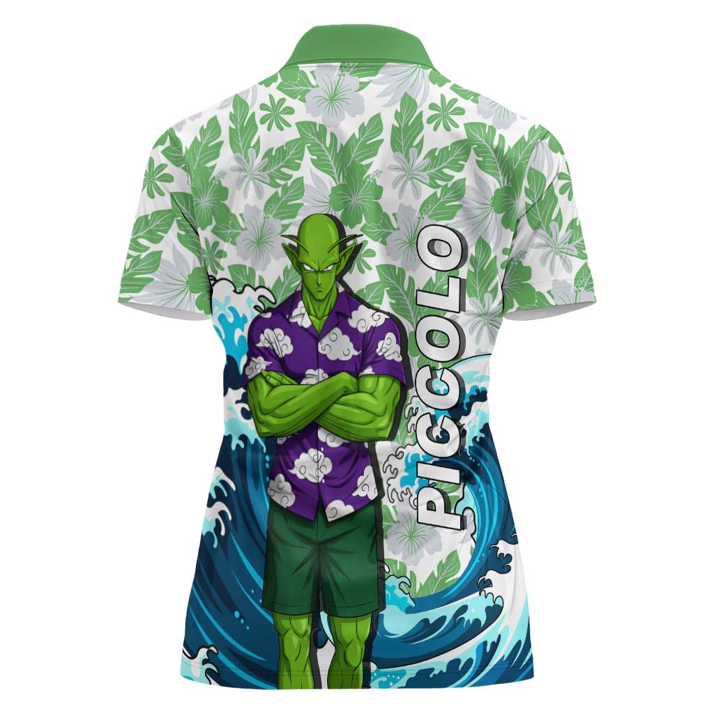 Piccolo Dragon Ball Summer Theme Women Polo Shirt with Tropical Shirt Shenron Background and Ocean Wave Design - The Mazicc