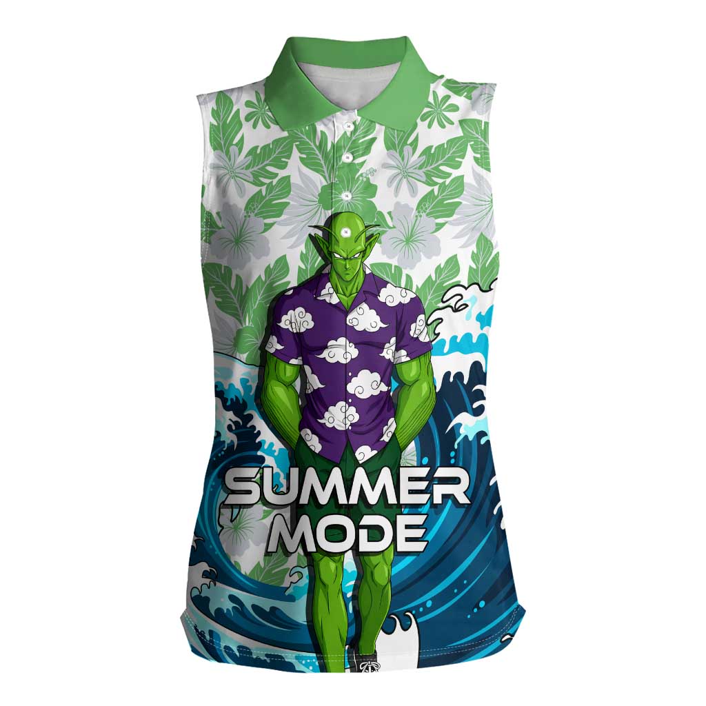 Piccolo Dragon Ball Summer Theme Women Sleeveless Polo Shirt with Tropical Shirt Shenron Background and Ocean Wave Design - The Mazicc