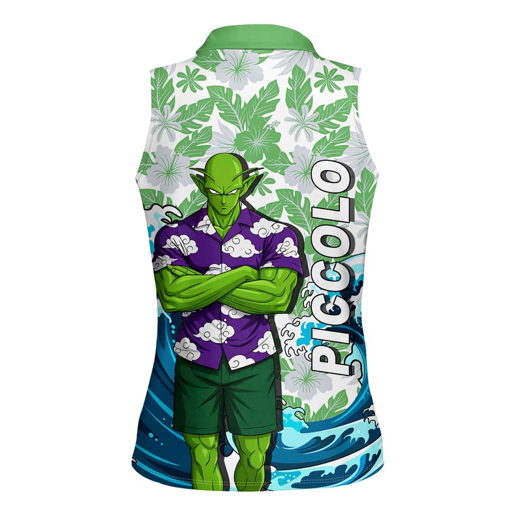 Piccolo Dragon Ball Summer Theme Women Sleeveless Polo Shirt with Tropical Shirt Shenron Background and Ocean Wave Design - The Mazicc