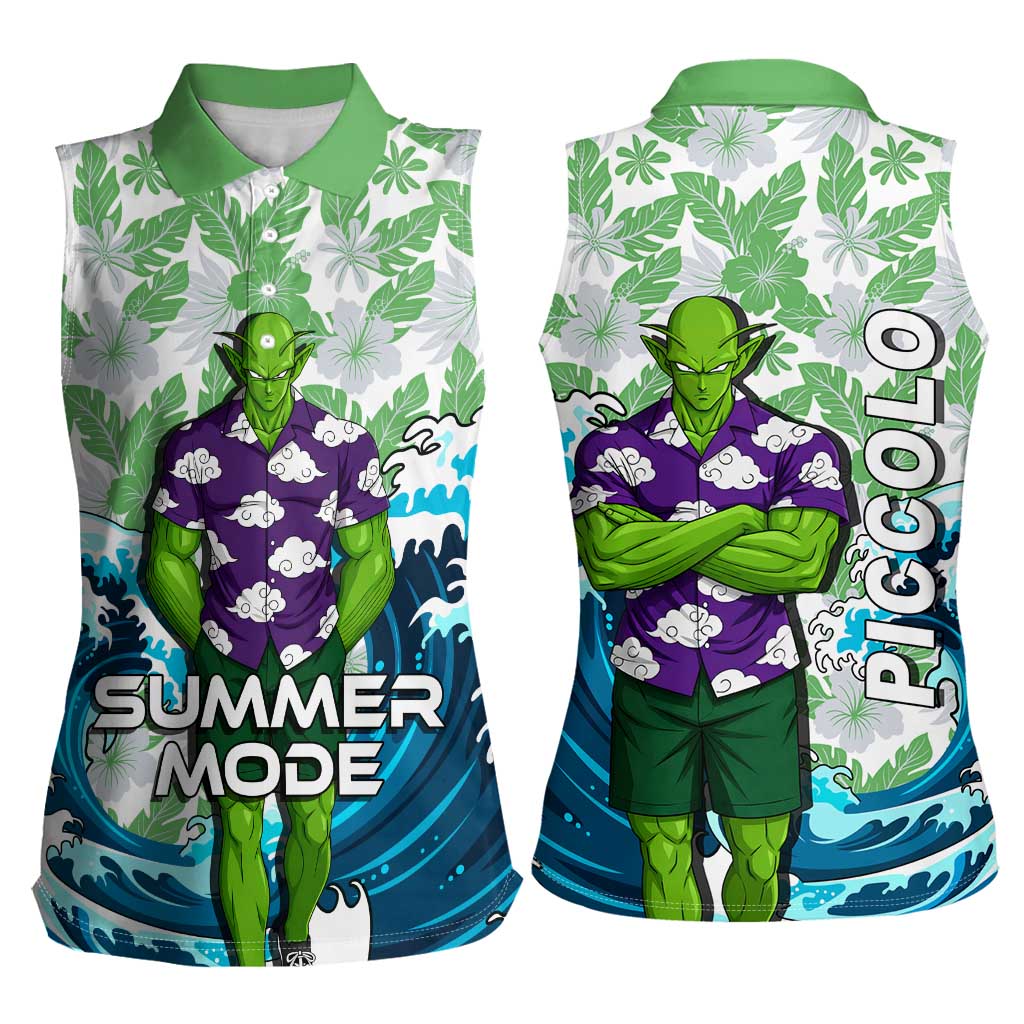 Piccolo Dragon Ball Summer Theme Women Sleeveless Polo Shirt with Tropical Shirt Shenron Background and Ocean Wave Design - The Mazicc