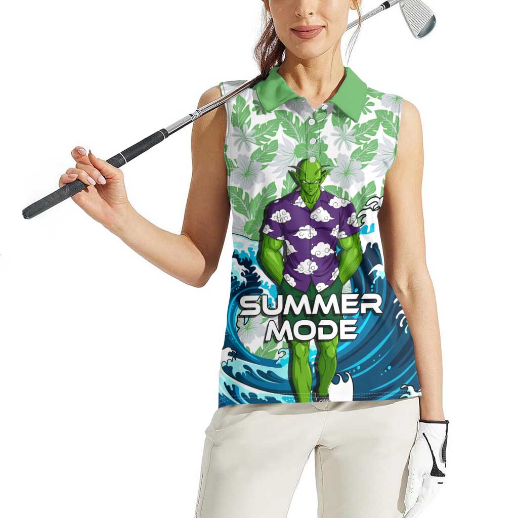 Piccolo Dragon Ball Summer Theme Women Sleeveless Polo Shirt with Tropical Shirt Shenron Background and Ocean Wave Design - The Mazicc