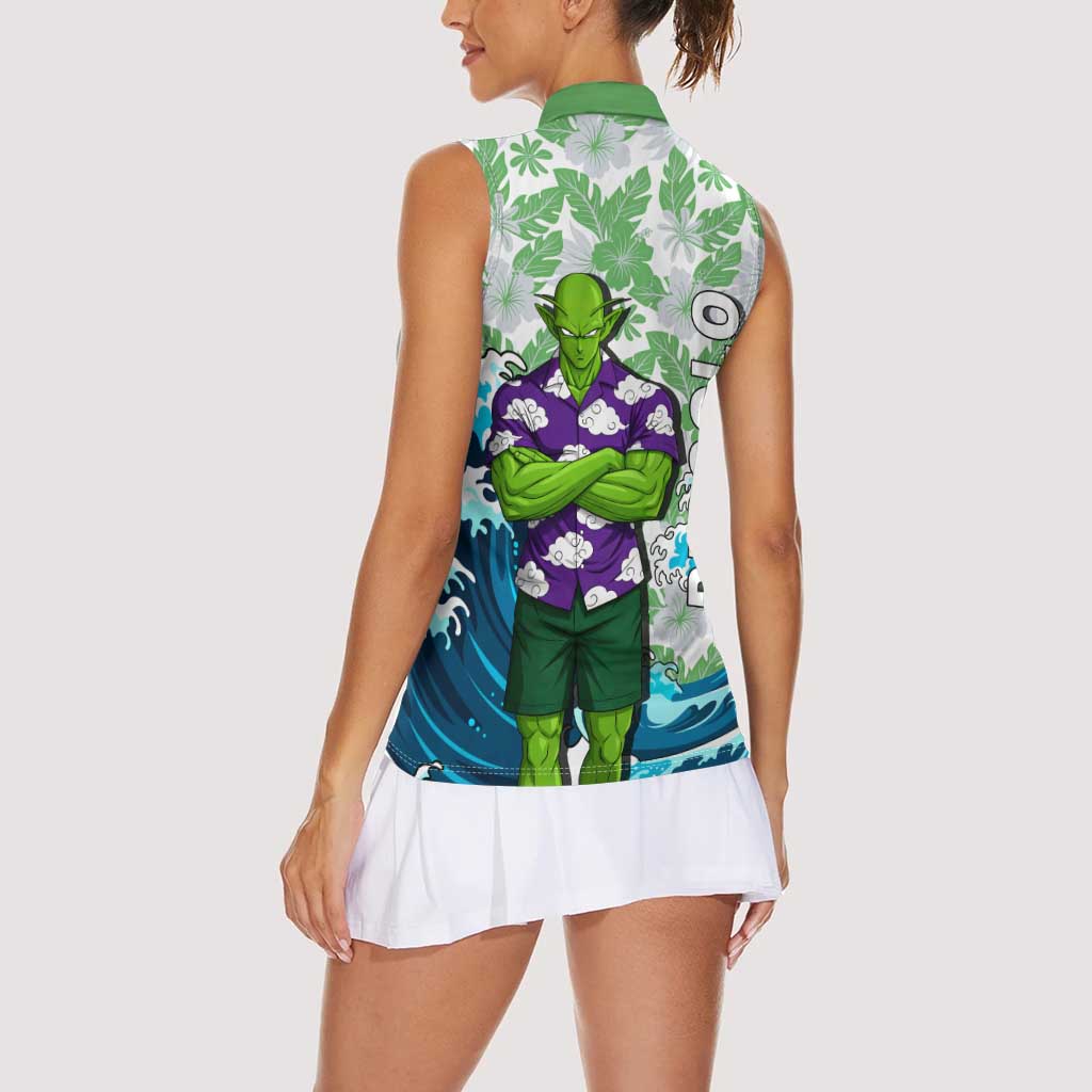 Piccolo Dragon Ball Summer Theme Women Sleeveless Polo Shirt with Tropical Shirt Shenron Background and Ocean Wave Design - The Mazicc