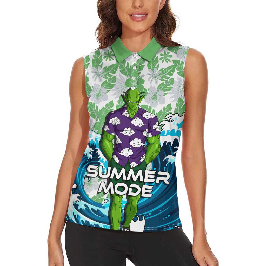 Piccolo Dragon Ball Summer Theme Women Sleeveless Polo Shirt with Tropical Shirt Shenron Background and Ocean Wave Design - The Mazicc