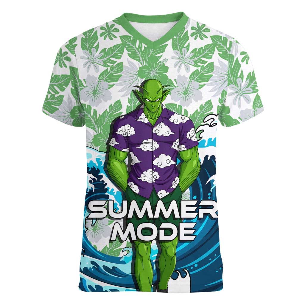 Piccolo Dragon Ball Summer Theme Women V-Neck T-Shirt with Tropical Shirt Shenron Background and Ocean Wave Design - The Mazicc