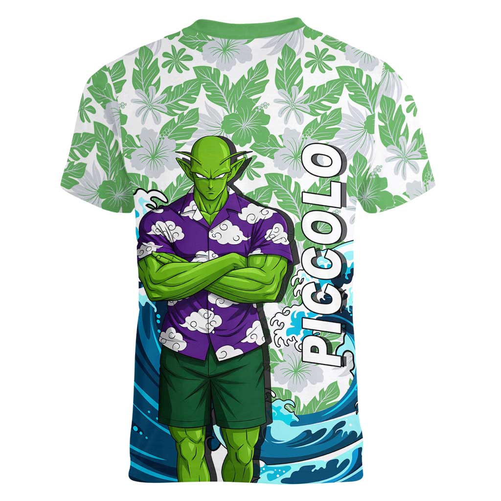 Piccolo Dragon Ball Summer Theme Women V-Neck T-Shirt with Tropical Shirt Shenron Background and Ocean Wave Design - The Mazicc