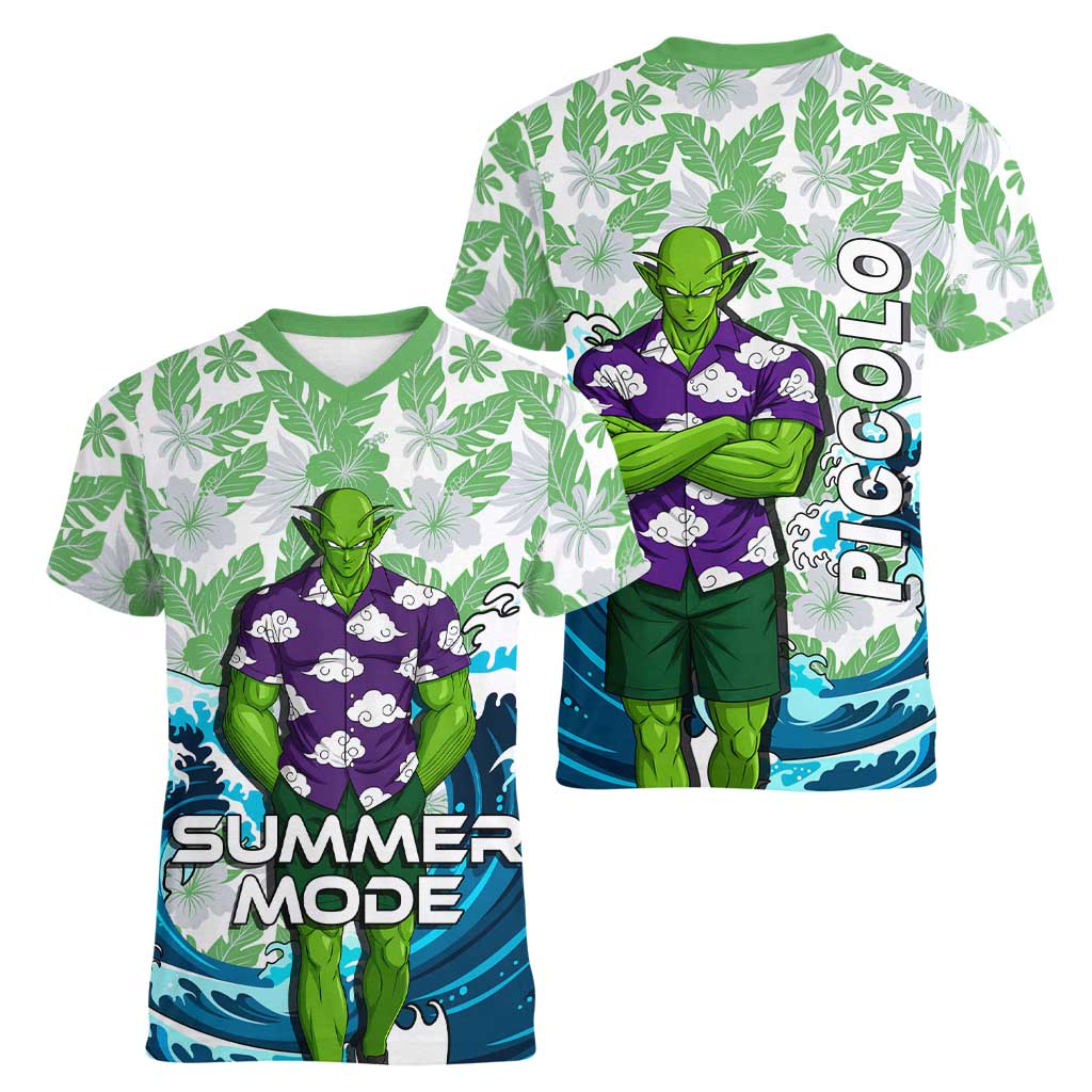 Piccolo Dragon Ball Summer Theme Women V-Neck T-Shirt with Tropical Shirt Shenron Background and Ocean Wave Design - The Mazicc