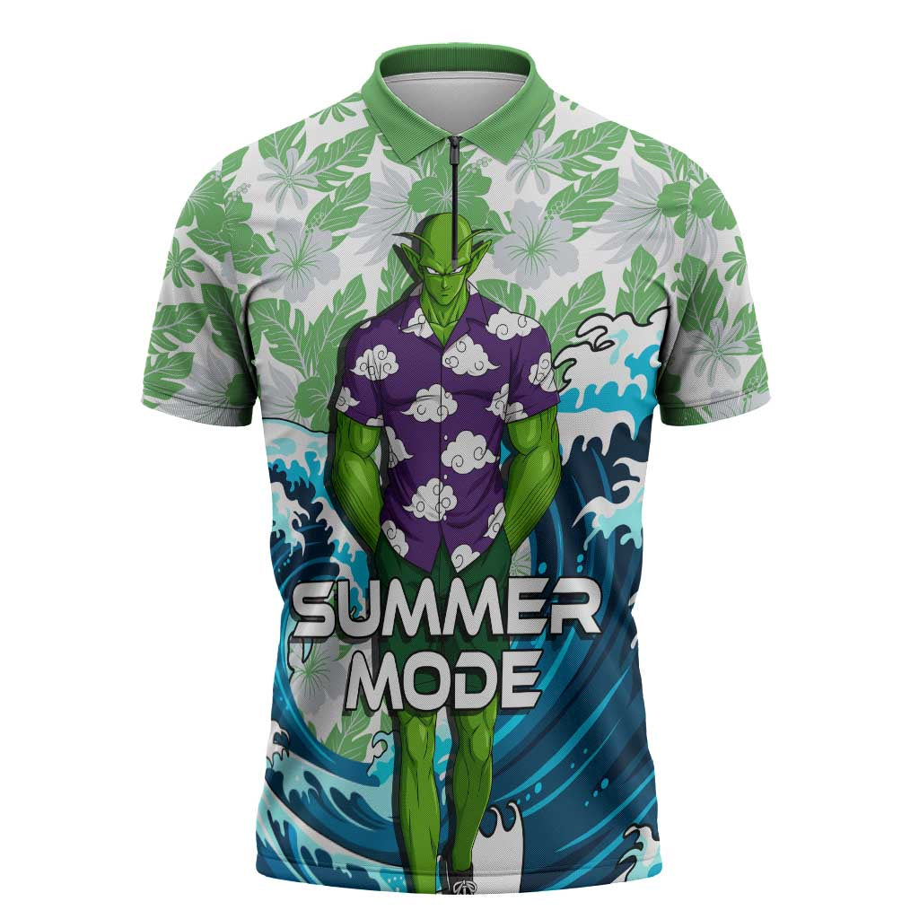 Piccolo Dragon Ball Summer Theme Zipper Polo Shirt with Tropical Shirt Shenron Background and Ocean Wave Design - The Mazicc