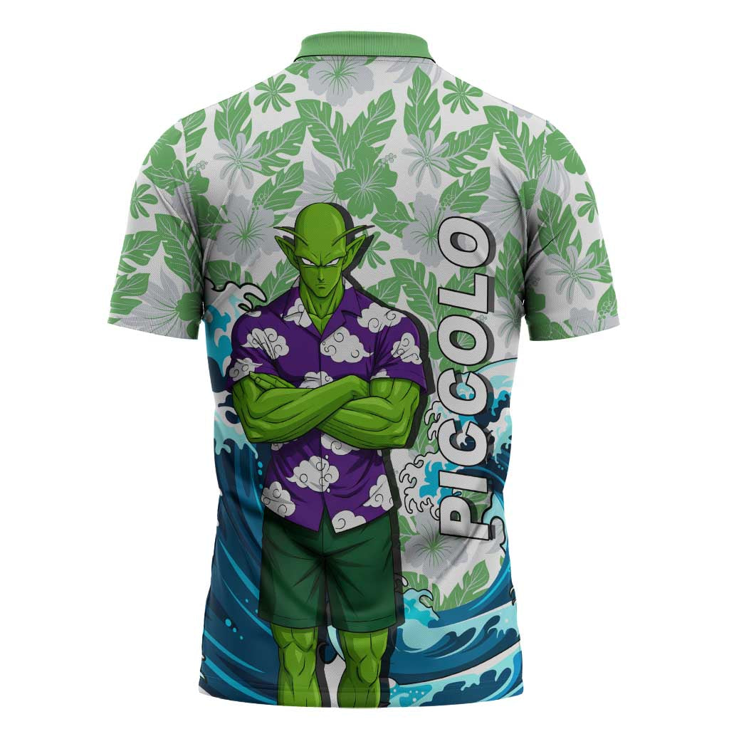 Piccolo Dragon Ball Summer Theme Zipper Polo Shirt with Tropical Shirt Shenron Background and Ocean Wave Design - The Mazicc