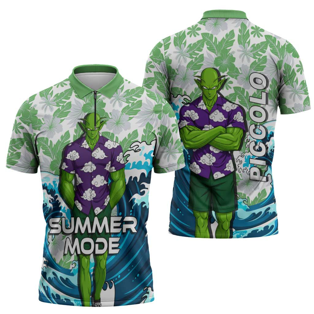 Piccolo Dragon Ball Summer Theme Zipper Polo Shirt with Tropical Shirt Shenron Background and Ocean Wave Design - The Mazicc