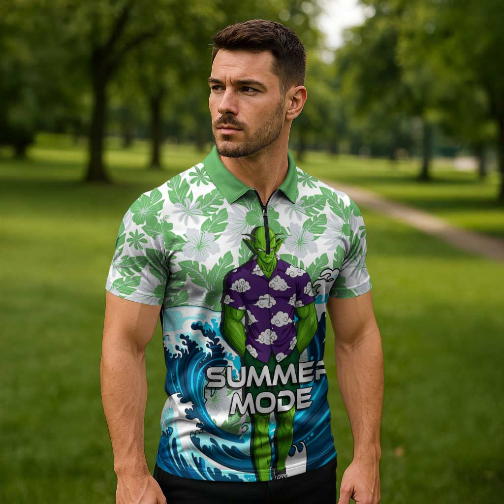 Piccolo Dragon Ball Summer Theme Zipper Polo Shirt with Tropical Shirt Shenron Background and Ocean Wave Design - The Mazicc