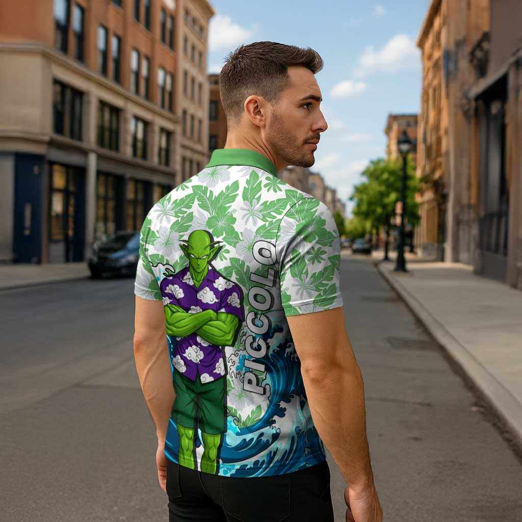 Piccolo Dragon Ball Summer Theme Zipper Polo Shirt with Tropical Shirt Shenron Background and Ocean Wave Design - The Mazicc