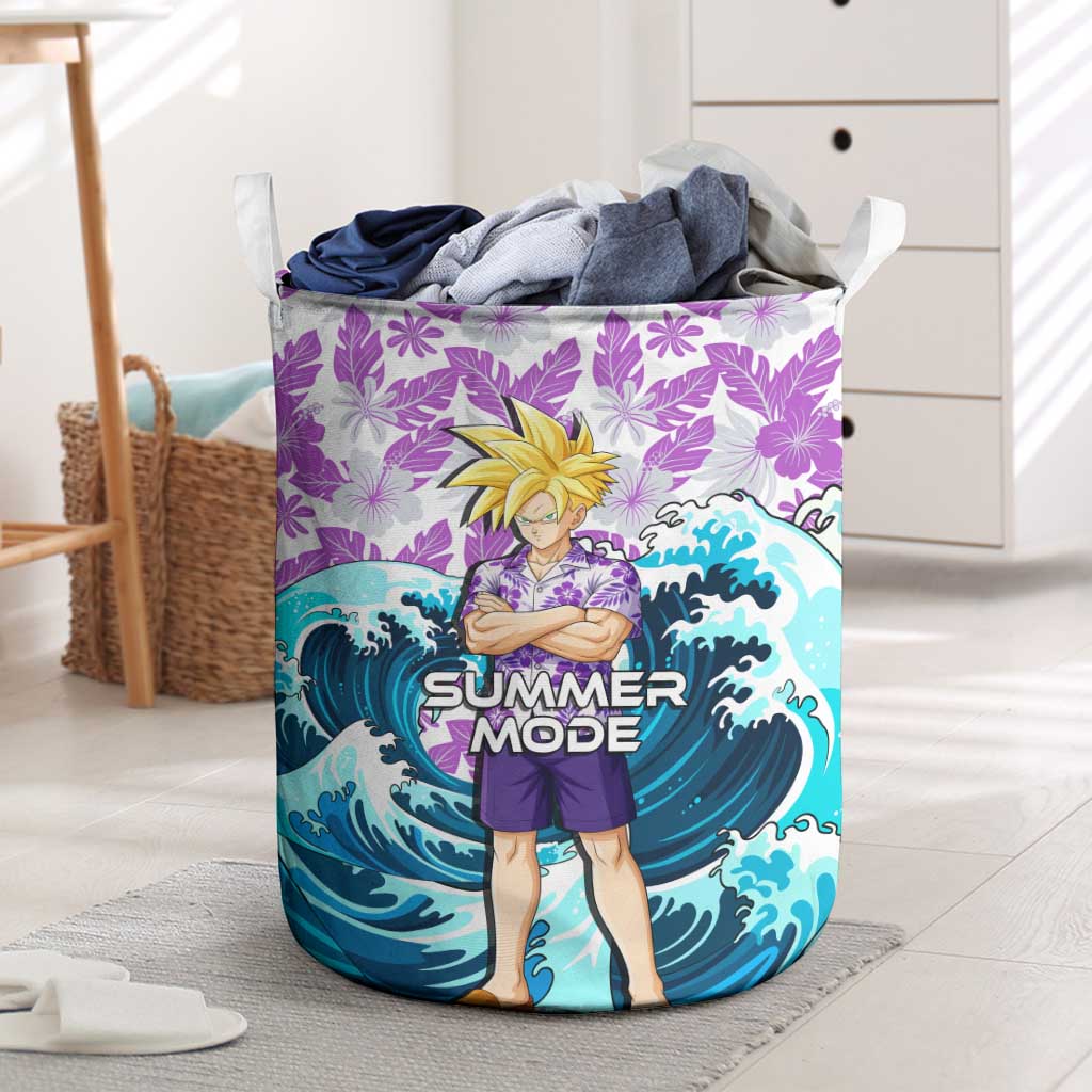 Gohan Dragon Ball Summer Theme Laundry Basket with Tropical Floral Shirt Shenron and Ocean Wave Background - The Mazicc