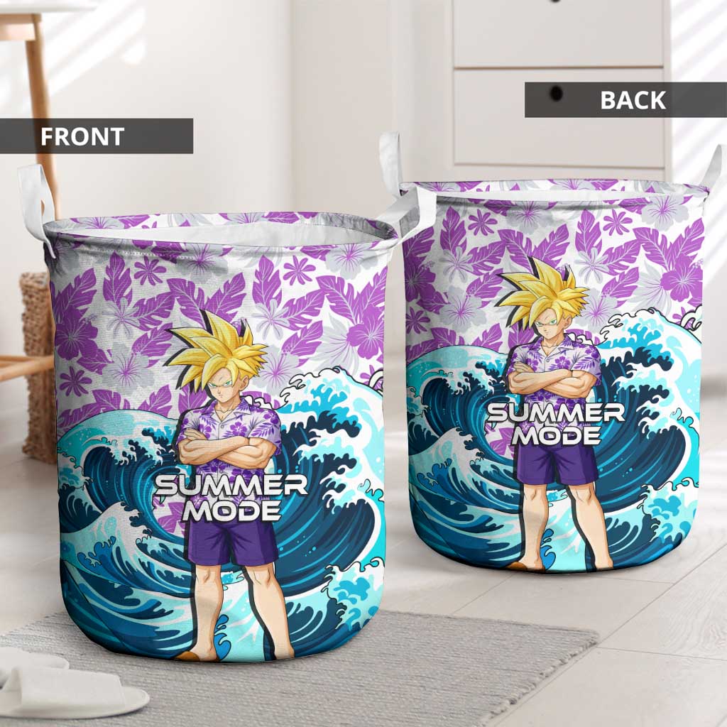 Gohan Dragon Ball Summer Theme Laundry Basket with Tropical Floral Shirt Shenron and Ocean Wave Background - The Mazicc