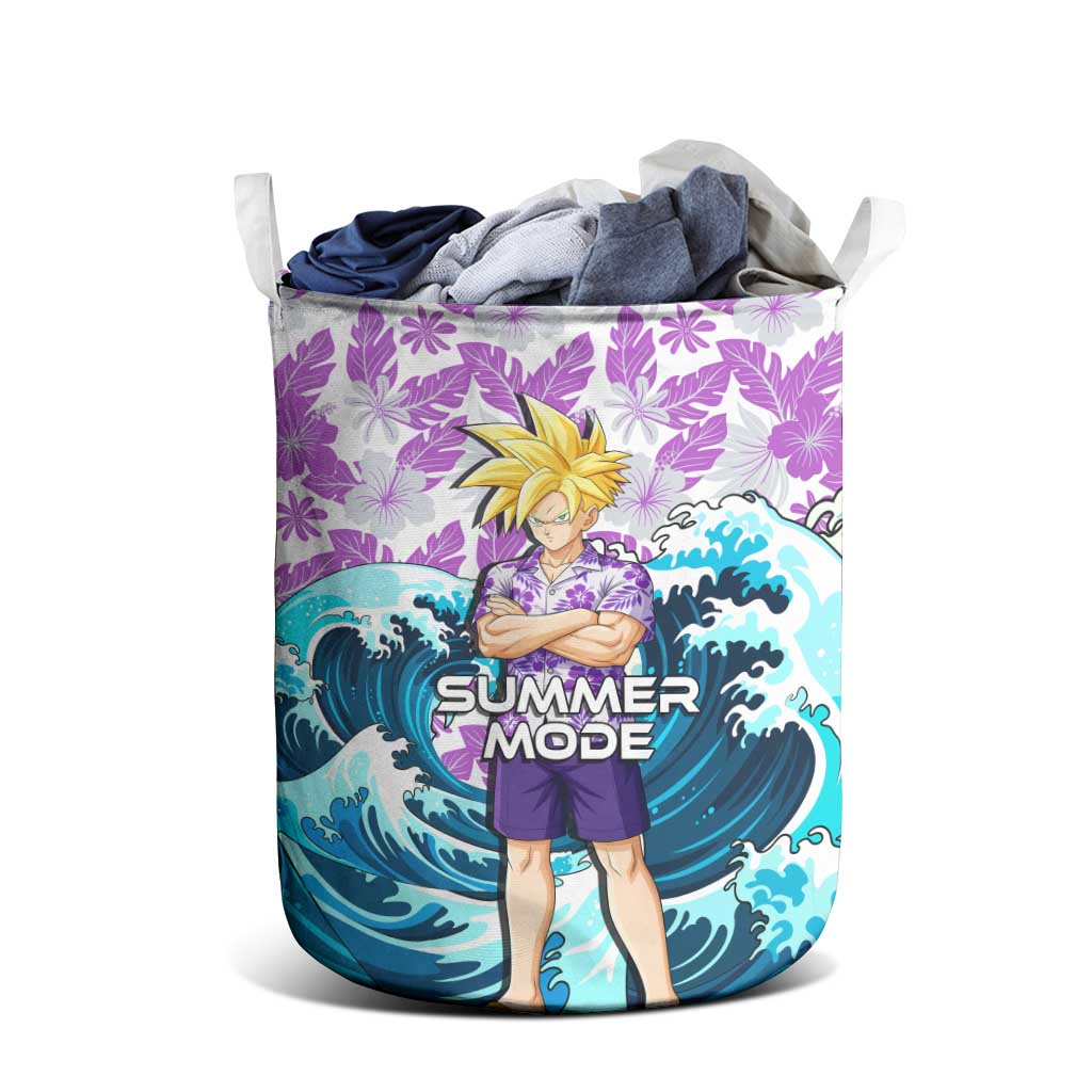 Gohan Dragon Ball Summer Theme Laundry Basket with Tropical Floral Shirt Shenron and Ocean Wave Background - The Mazicc