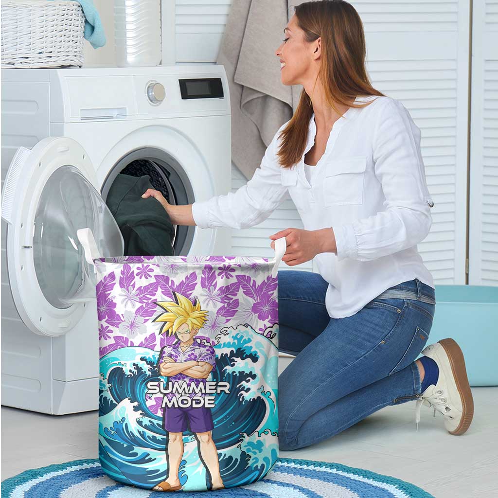 Gohan Dragon Ball Summer Theme Laundry Basket with Tropical Floral Shirt Shenron and Ocean Wave Background - The Mazicc