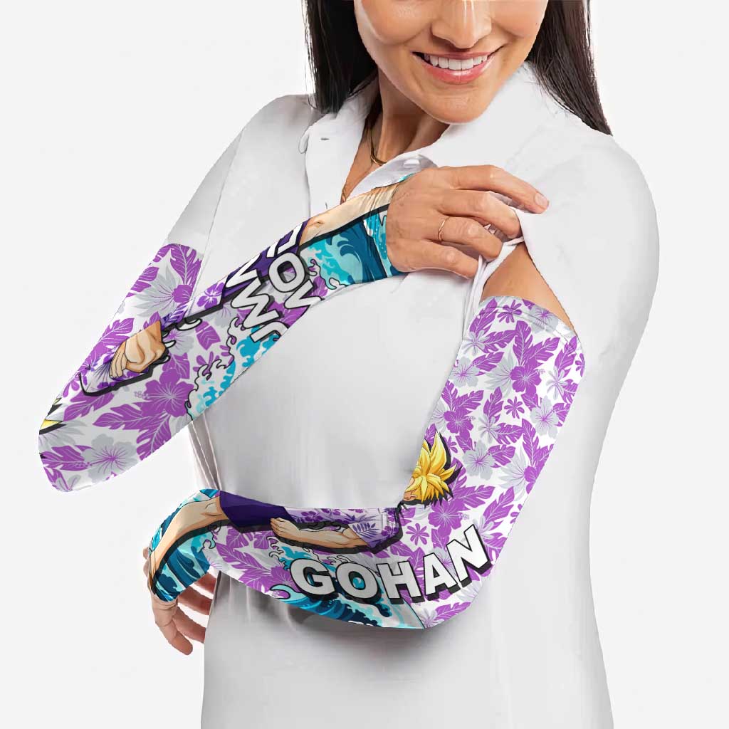Gohan Dragon Ball Summer Theme Arm Sleeves with Tropical Floral Shirt Shenron and Ocean Wave Background - The Mazicc