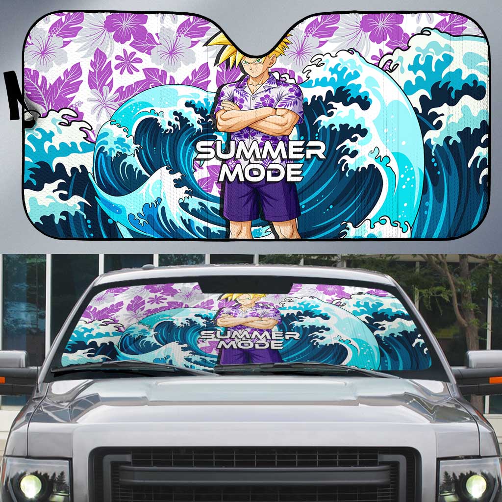 Gohan Dragon Ball Summer Theme Auto Sun Shade with Tropical Floral Shirt Shenron and Ocean Wave Background - The Mazicc