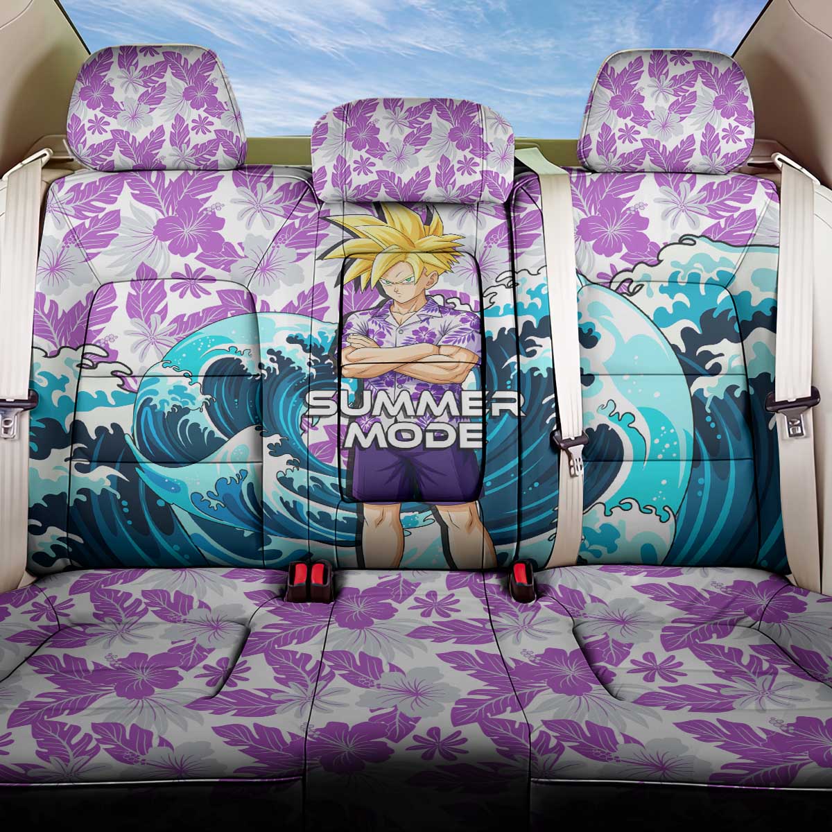 Gohan Dragon Ball Summer Theme Back Car Seat Cover with Tropical Floral Shirt Shenron and Ocean Wave Background - The Mazicc