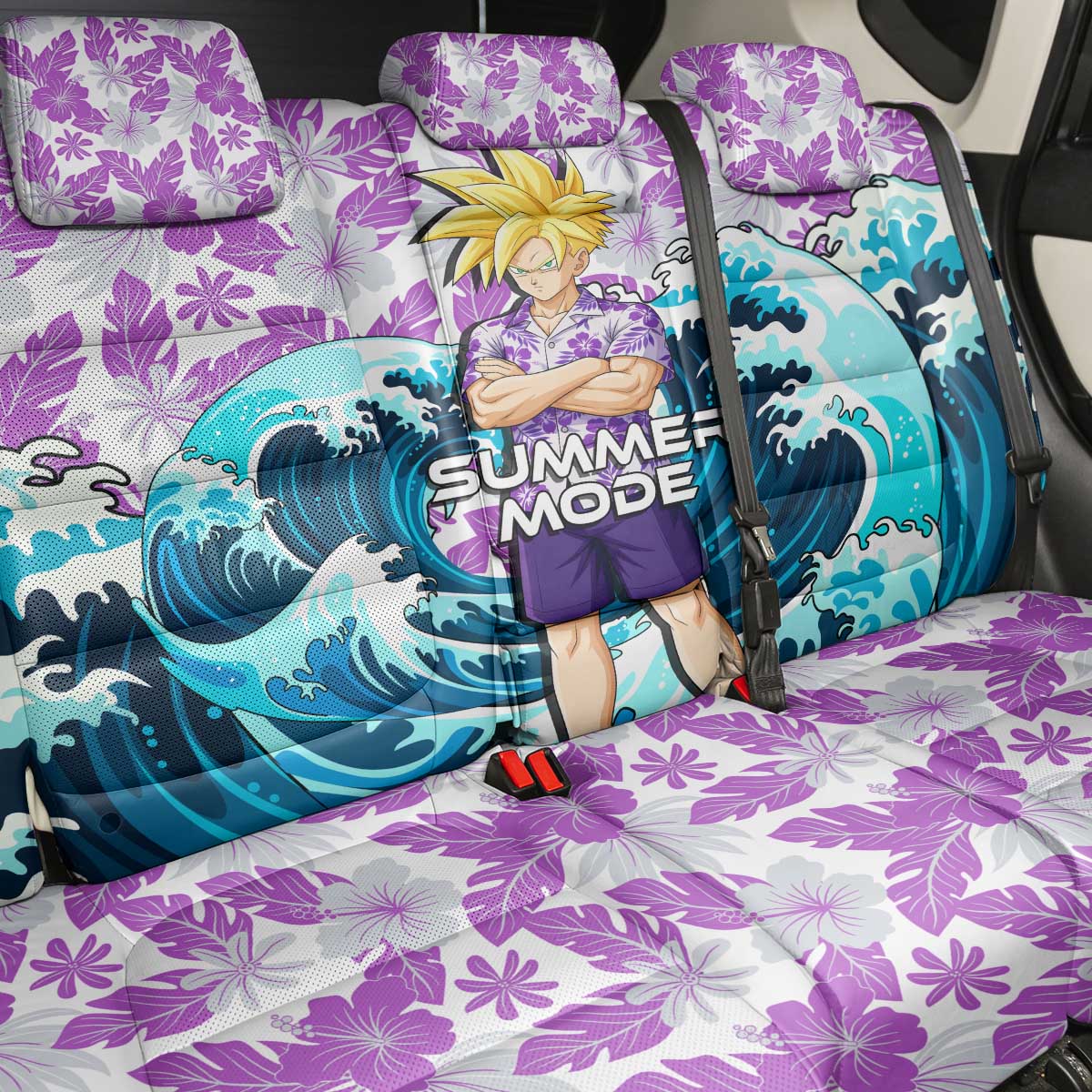 Gohan Dragon Ball Summer Theme Back Car Seat Cover with Tropical Floral Shirt Shenron and Ocean Wave Background - The Mazicc