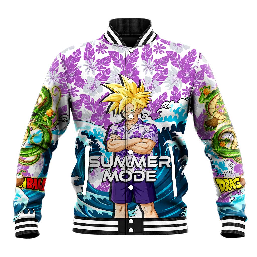 Gohan Dragon Ball Summer Theme Baseball Jacket with Tropical Floral Shirt Shenron and Ocean Wave Background - The Mazicc