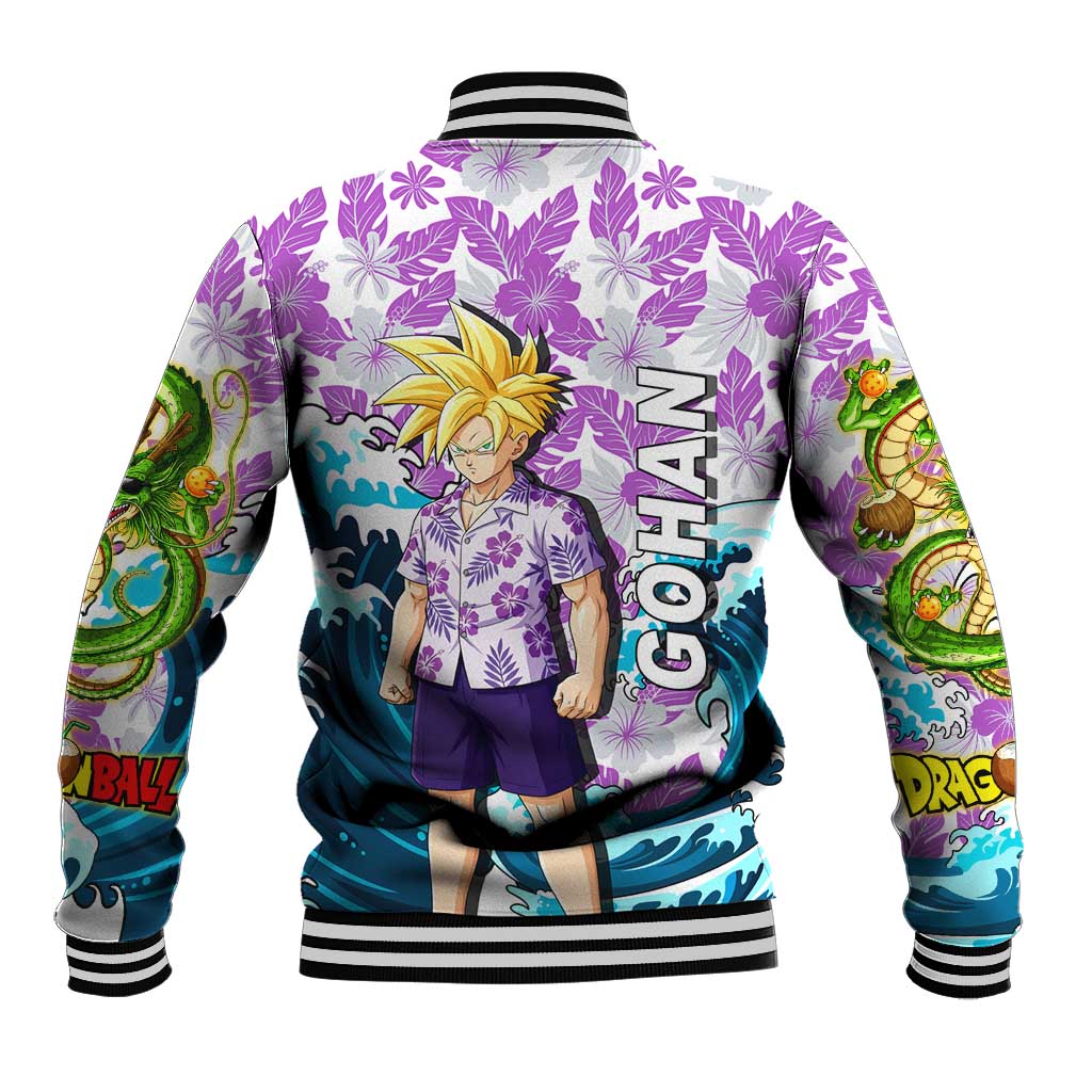 Gohan Dragon Ball Summer Theme Baseball Jacket with Tropical Floral Shirt Shenron and Ocean Wave Background - The Mazicc