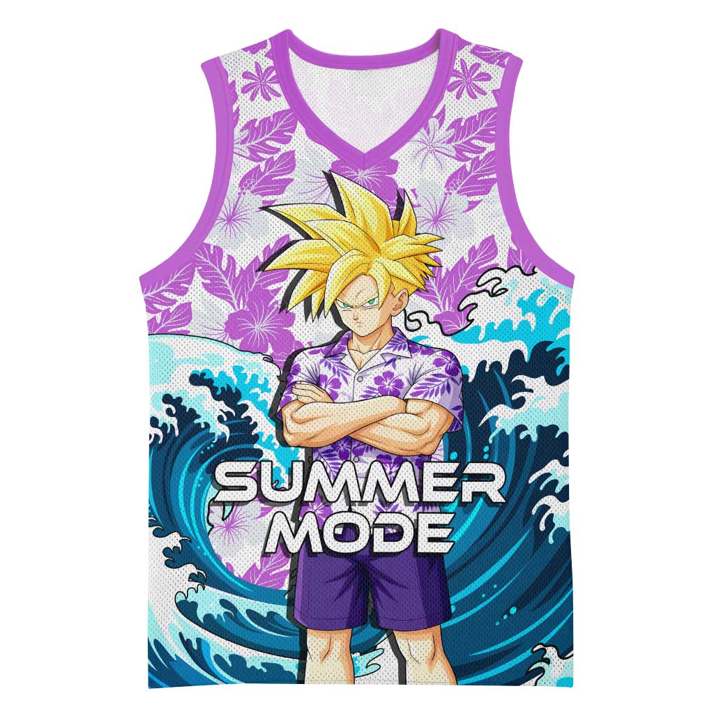 Gohan Dragon Ball Summer Theme Basketball Jersey with Tropical Floral Shirt Shenron and Ocean Wave Background - The Mazicc