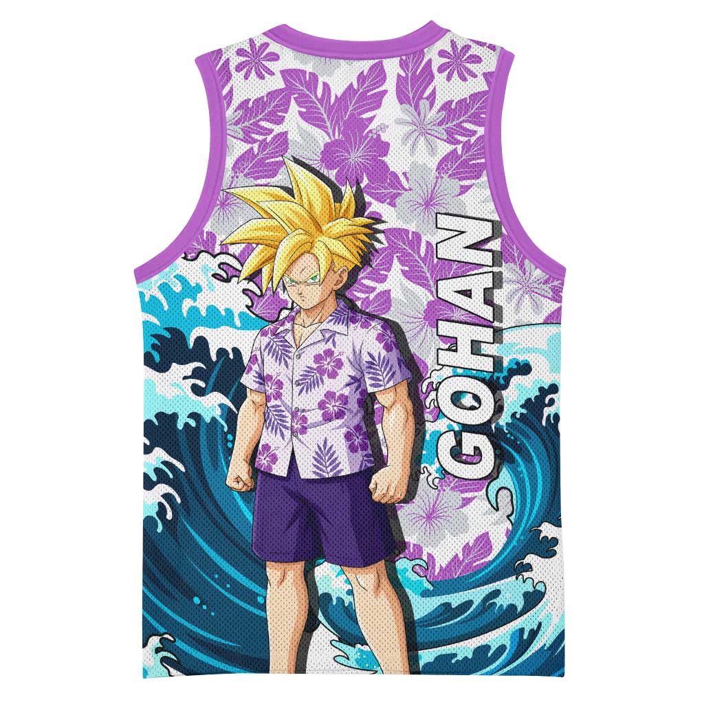 Gohan Dragon Ball Summer Theme Basketball Jersey with Tropical Floral Shirt Shenron and Ocean Wave Background - The Mazicc