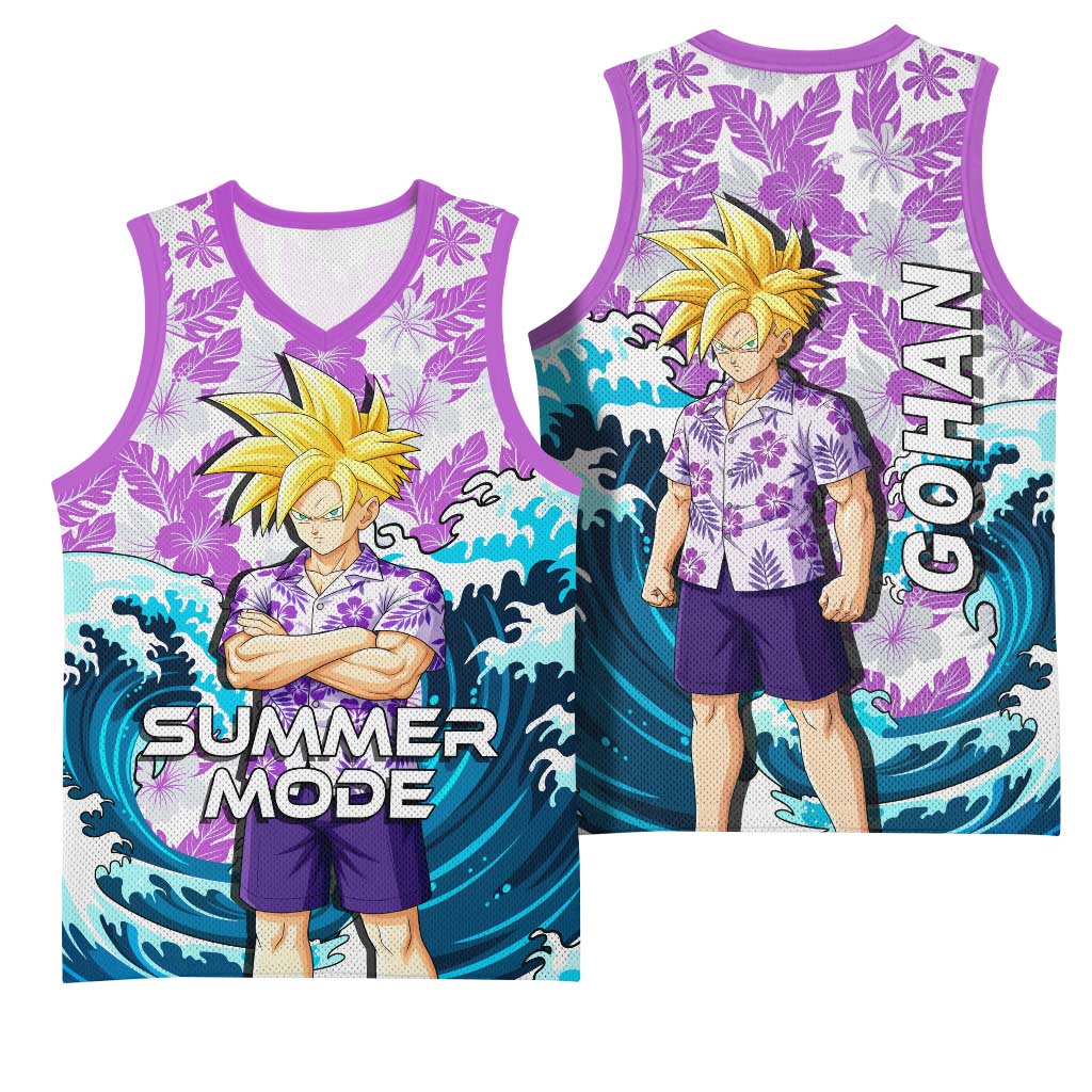 Gohan Dragon Ball Summer Theme Basketball Jersey with Tropical Floral Shirt Shenron and Ocean Wave Background - The Mazicc
