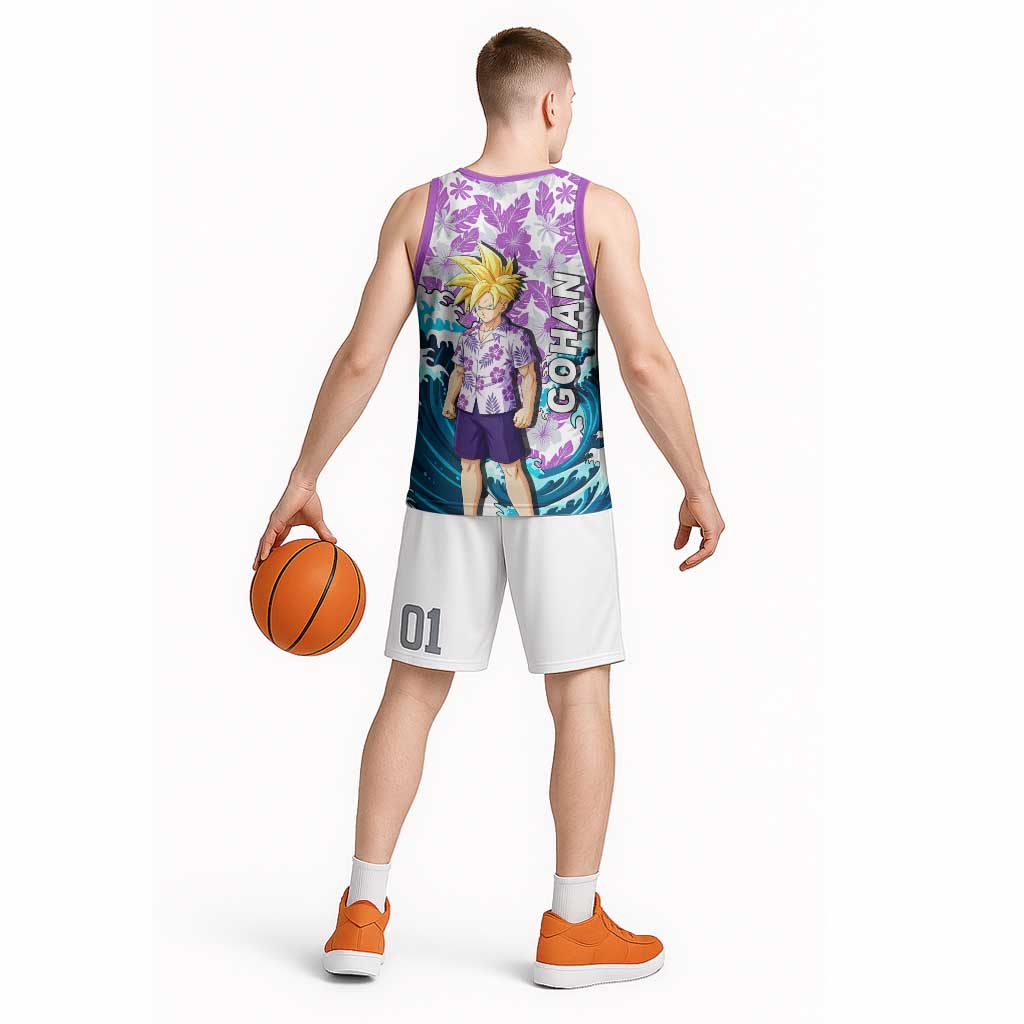 Gohan Dragon Ball Summer Theme Basketball Jersey with Tropical Floral Shirt Shenron and Ocean Wave Background - The Mazicc