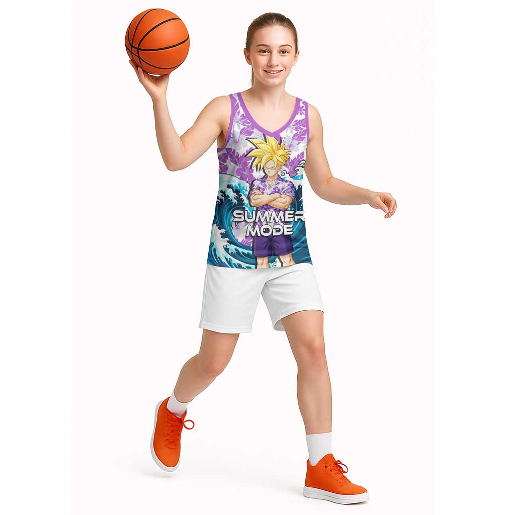 Gohan Dragon Ball Summer Theme Basketball Jersey with Tropical Floral Shirt Shenron and Ocean Wave Background - The Mazicc