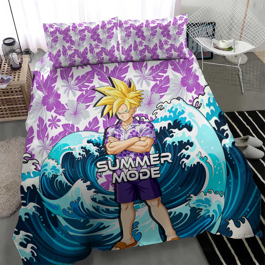 Gohan Dragon Ball Summer Theme Bedding Set with Tropical Floral Shirt Shenron and Ocean Wave Background - The Mazicc