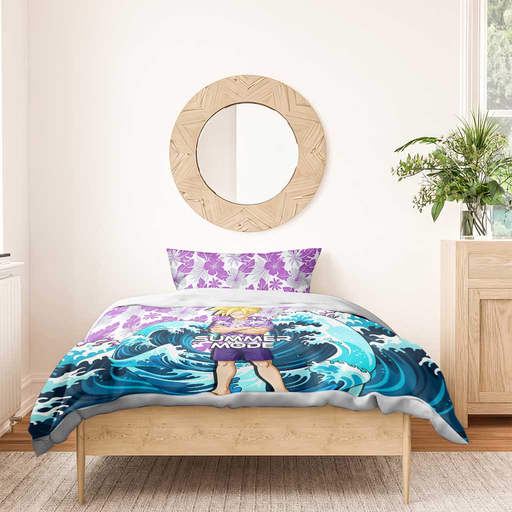 Gohan Dragon Ball Summer Theme Bedding Set with Tropical Floral Shirt Shenron and Ocean Wave Background - The Mazicc