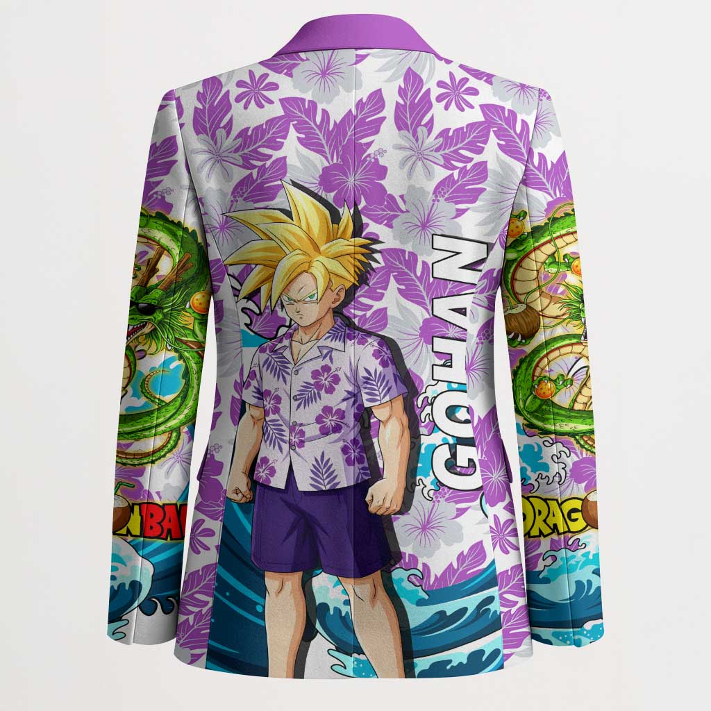 Gohan Dragon Ball Summer Theme Blazer with Tropical Floral Shirt Shenron and Ocean Wave Background - The Mazicc