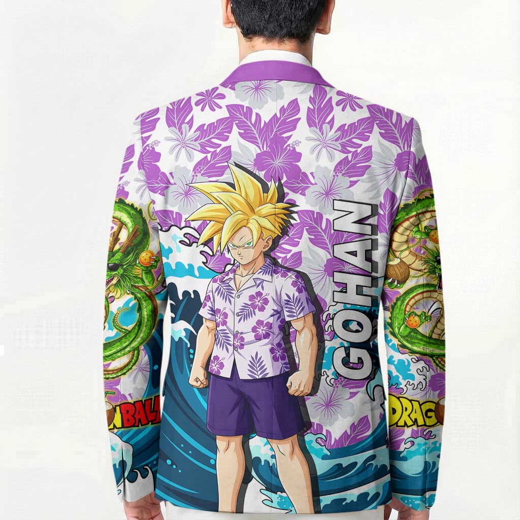 Gohan Dragon Ball Summer Theme Blazer with Tropical Floral Shirt Shenron and Ocean Wave Background - The Mazicc