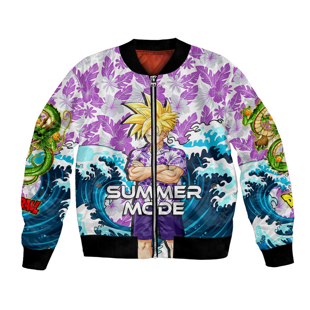 Gohan Dragon Ball Summer Theme Bomber Jacket with Tropical Floral Shirt Shenron and Ocean Wave Background - The Mazicc