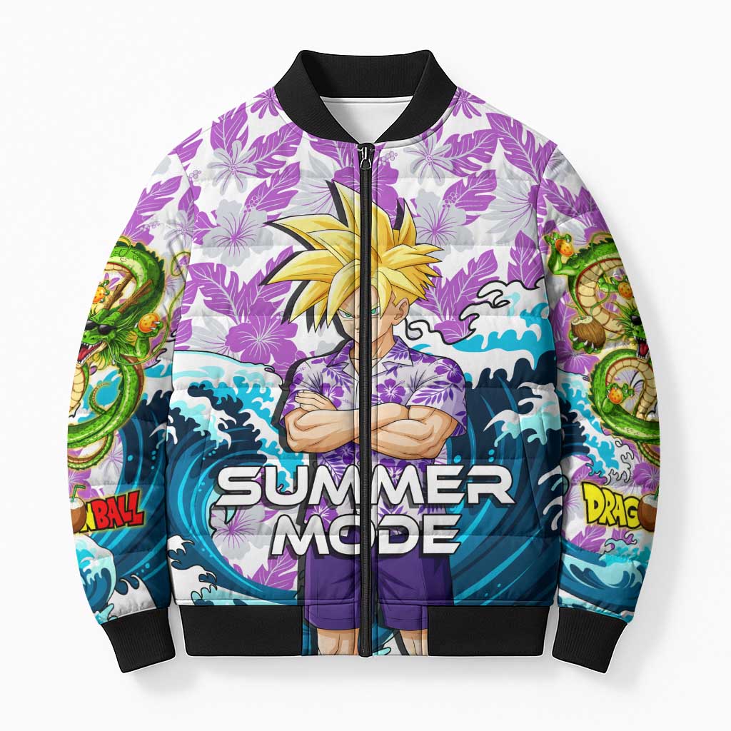 Gohan Dragon Ball Summer Theme Bomber Puffer Jacket with Tropical Floral Shirt Shenron and Ocean Wave Background - The Mazicc