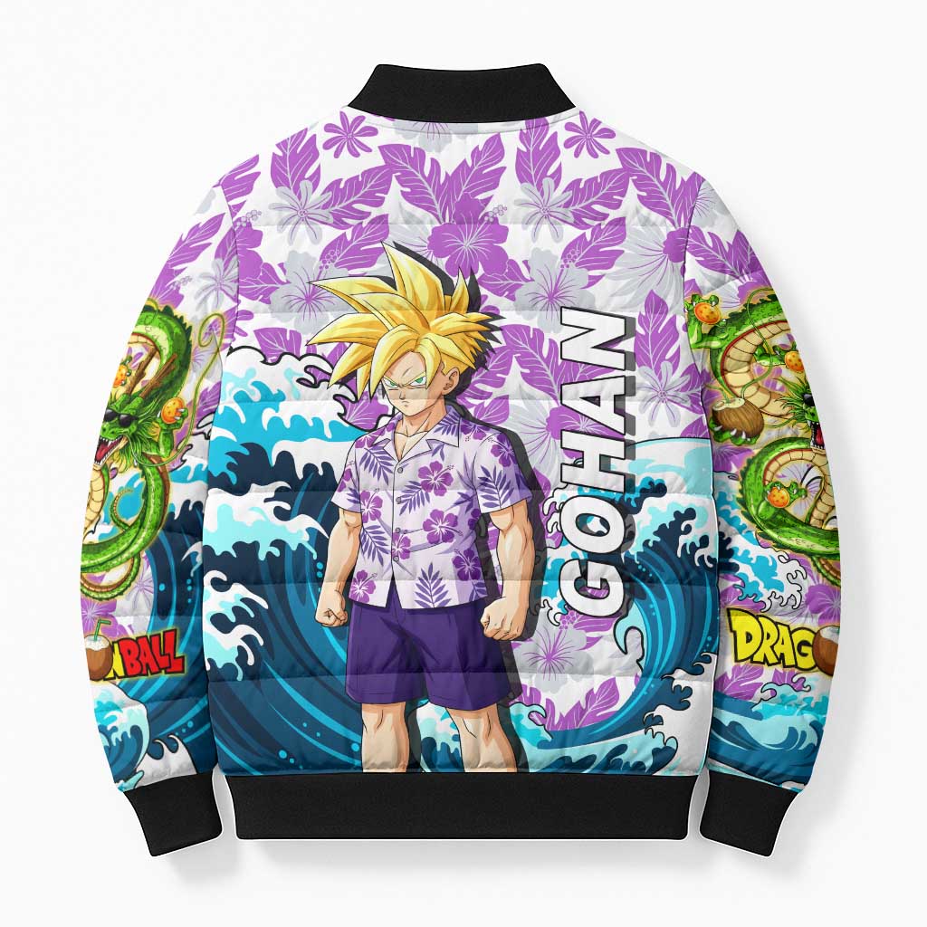 Gohan Dragon Ball Summer Theme Bomber Puffer Jacket with Tropical Floral Shirt Shenron and Ocean Wave Background - The Mazicc