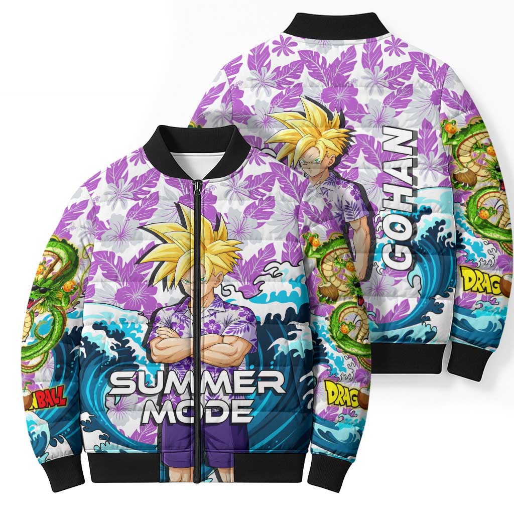 Gohan Dragon Ball Summer Theme Bomber Puffer Jacket with Tropical Floral Shirt Shenron and Ocean Wave Background - The Mazicc