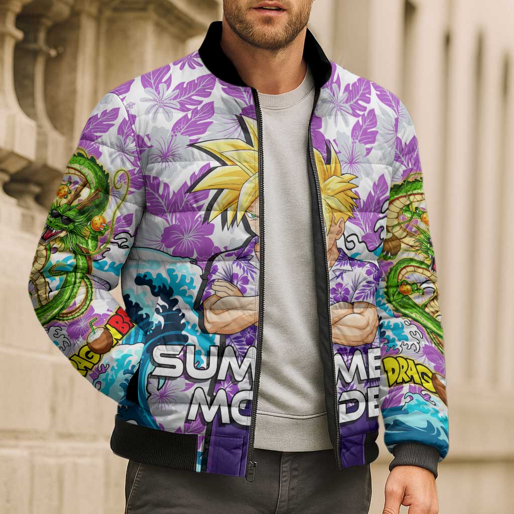 Gohan Dragon Ball Summer Theme Bomber Puffer Jacket with Tropical Floral Shirt Shenron and Ocean Wave Background - The Mazicc