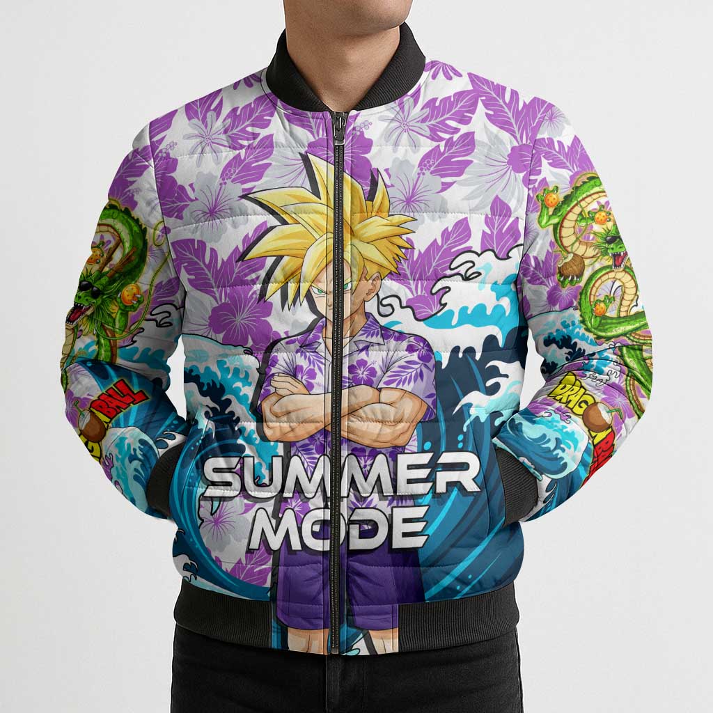 Gohan Dragon Ball Summer Theme Bomber Puffer Jacket with Tropical Floral Shirt Shenron and Ocean Wave Background - The Mazicc