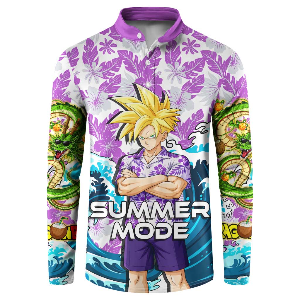 Gohan Dragon Ball Summer Theme Button Sweatshirt with Tropical Floral Shirt Shenron and Ocean Wave Background - The Mazicc