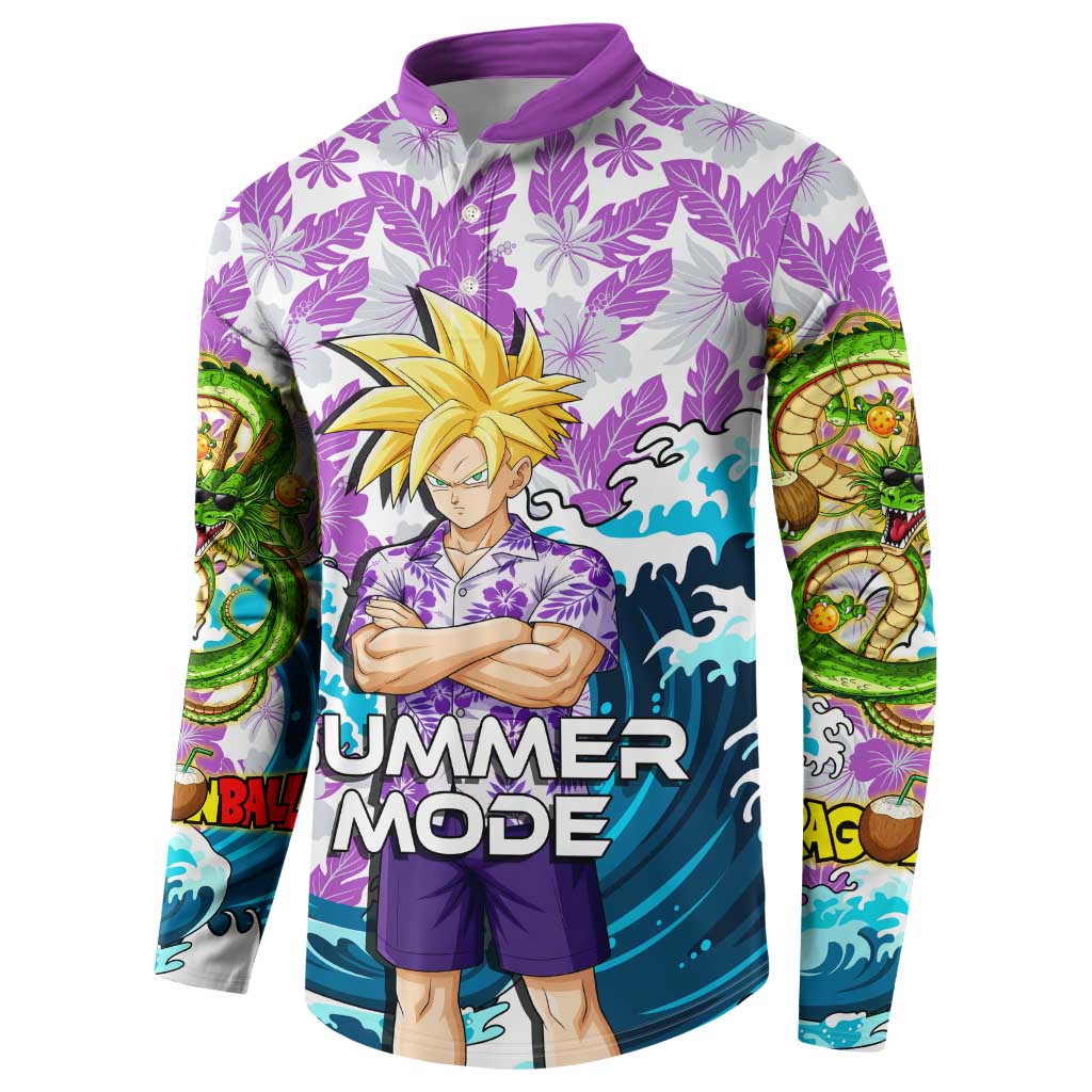 Gohan Dragon Ball Summer Theme Button Sweatshirt with Tropical Floral Shirt Shenron and Ocean Wave Background - The Mazicc