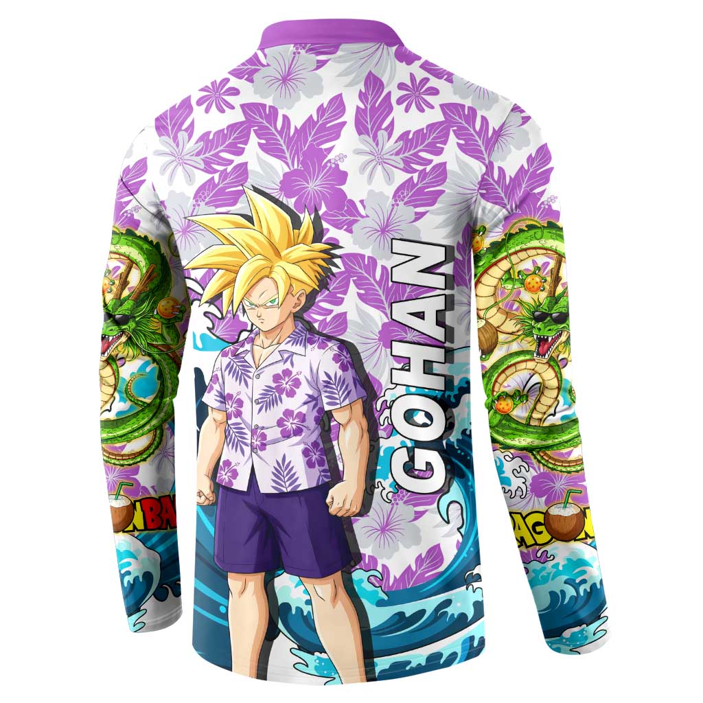 Gohan Dragon Ball Summer Theme Button Sweatshirt with Tropical Floral Shirt Shenron and Ocean Wave Background - The Mazicc